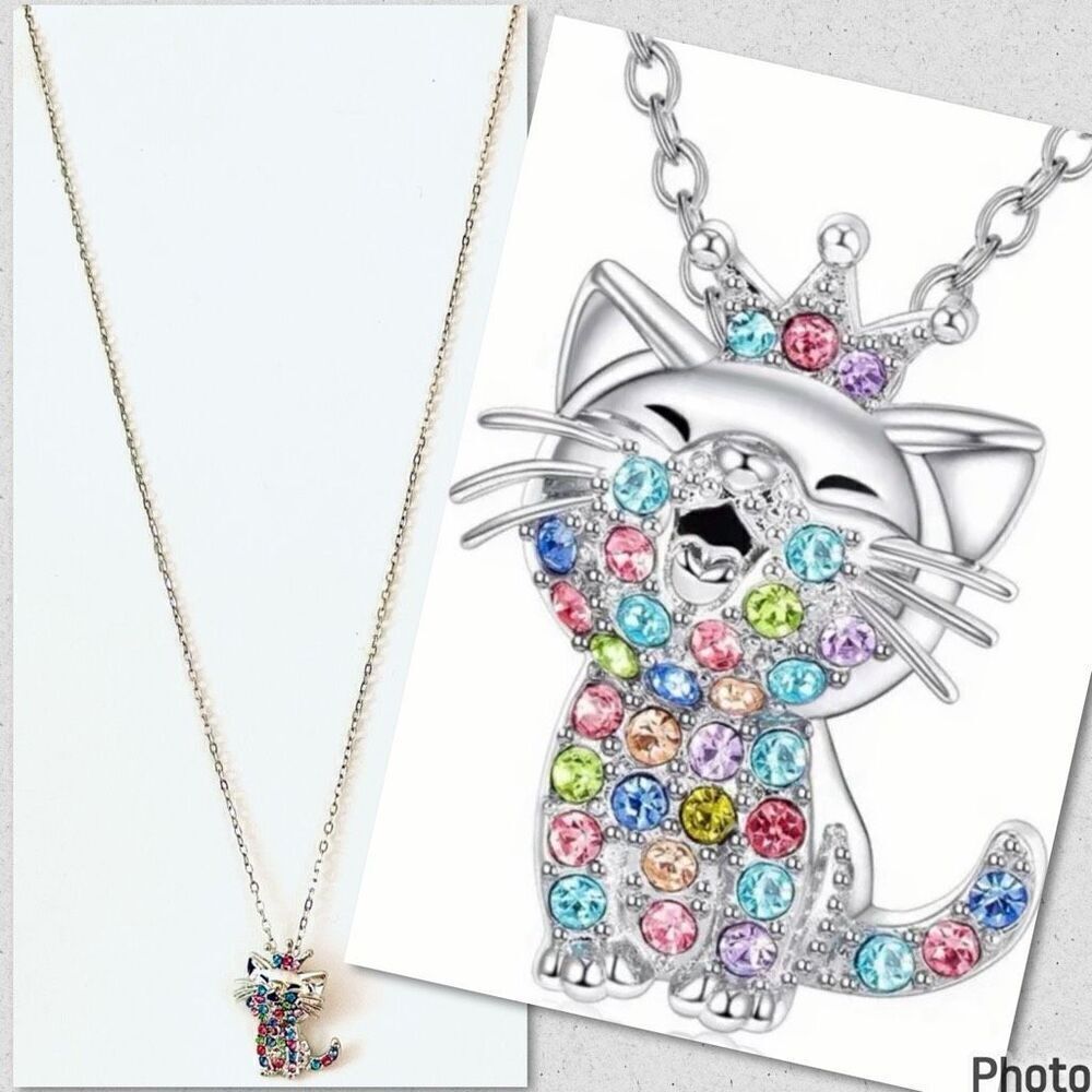 NWT Adorable Silver Kitty Cat w/Crown Long Chain Necklace w/Colorful Rhinestones